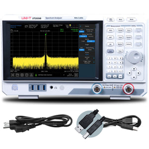 UNI-T UTS3036B 3.6 GHz Performance-Series Spectrum Analyzer - a signal on its display screen, with a power cable and a USB cable included below the main unit.
