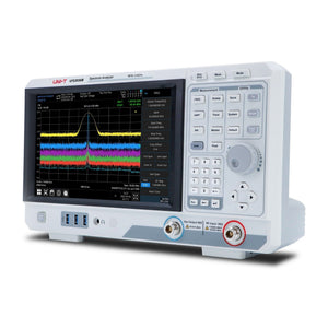 UNI-T UTS3036B 3.6 GHz Performance-Series Spectrum Analyzer - in a white housing with a front-facing display showing frequency waveforms, control buttons, a knob, and input ports.