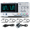 Uni-Trend UPO1204 Digital Storage Oscilloscope - 200MHz 4-Channel DSO - a white front panel with a screen displaying a waveform, control knobs, buttons, four input ports, and accessories.