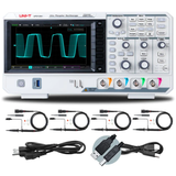 Uni-Trend UPO1204 Digital Storage Oscilloscope - 200MHz 4-Channel DSO - a white front panel with a screen displaying a waveform, control knobs, buttons, four input ports, and accessories.