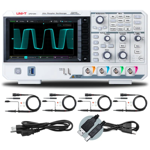 Uni-Trend UPO1204 Digital Storage Oscilloscope - 200MHz 4-Channel DSO - a white front panel with a screen displaying a waveform, control knobs, buttons, four input ports, and accessories.