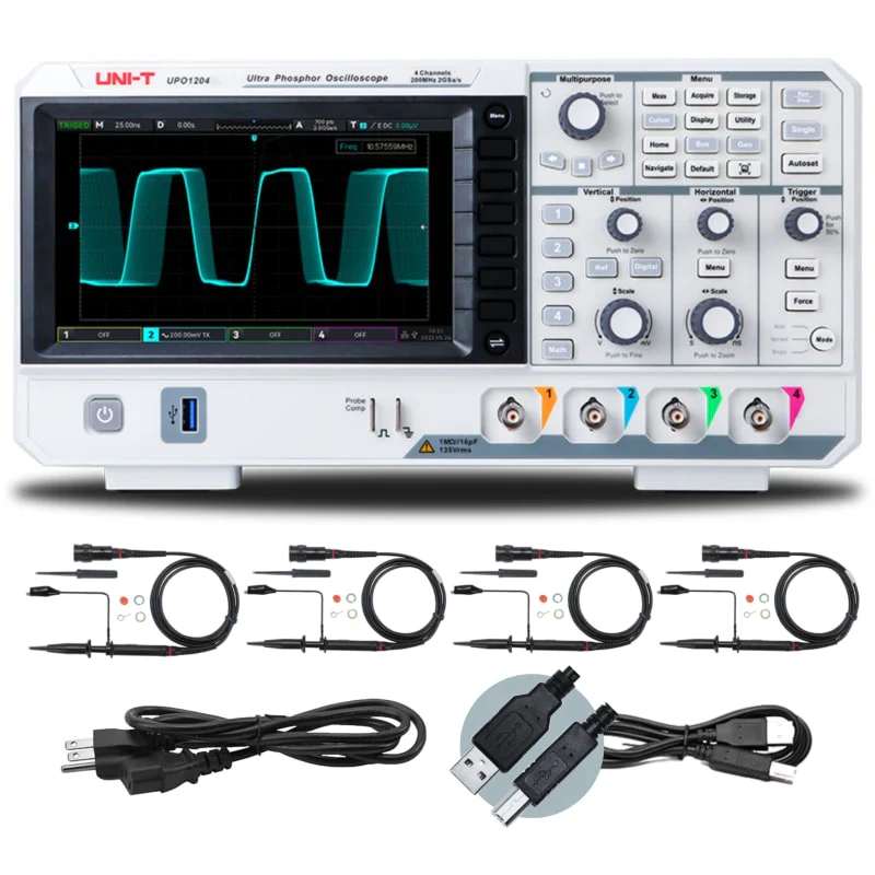 Uni-Trend UPO1204 Digital Storage Oscilloscope - 200MHz 4-Channel DSO - a white front panel with a screen displaying a waveform, control knobs, buttons, four input ports, and accessories.