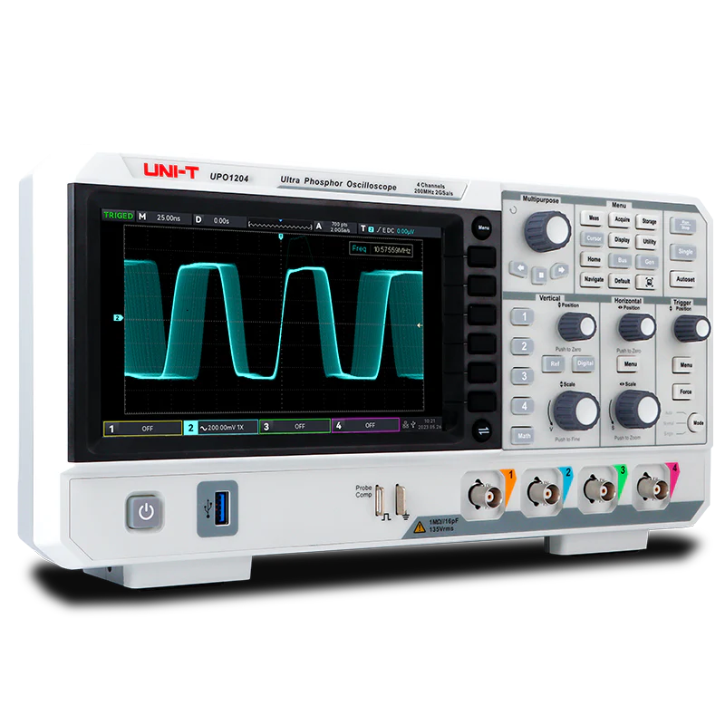 Uni-Trend UPO1204 Digital Storage Oscilloscope - 200MHz 4-Channel DSO - a screen with a waveform, front-panel control knobs, buttons, and four BNC input ports.