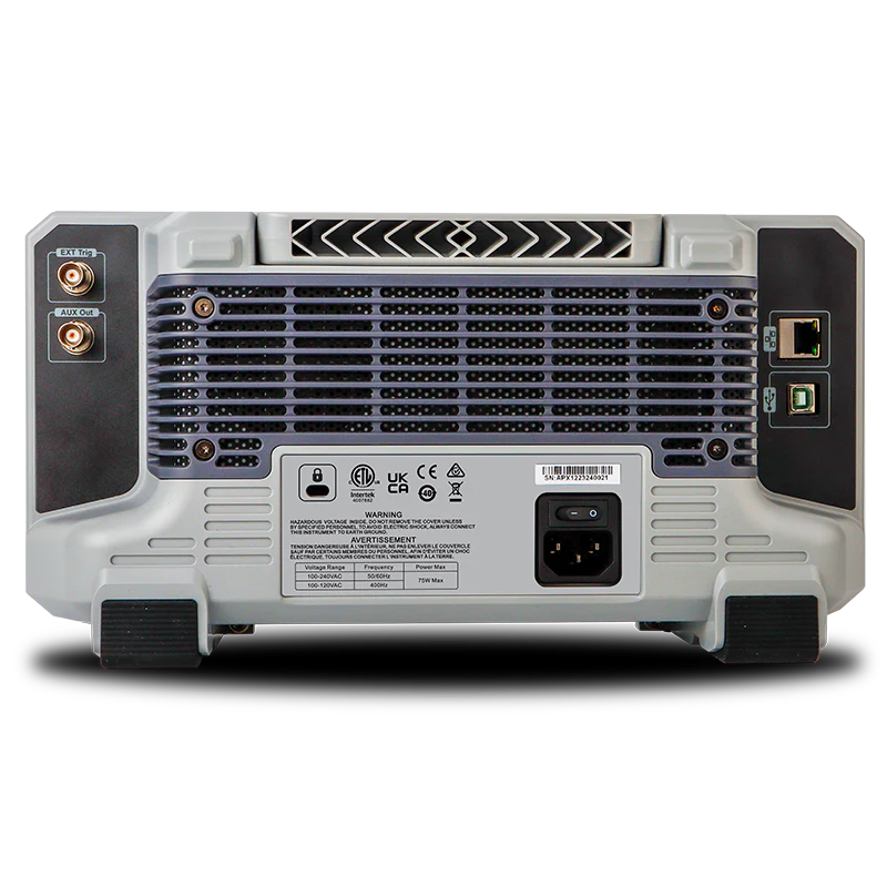 Uni-Trend UPO1204 Digital Storage Oscilloscope - 200MHz 4-Channel DSO - rear view showing cooling vents, power input, serial number, Ethernet, USB, and BNC ports.
