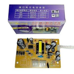 Universal Dvb Power Board HD Receiver Power Supply - a yellow circuit board and its purple packaging box with a printed voltage and current table.