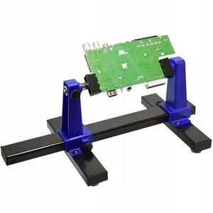 Universal PCB Stand Holder ZD-11E - a blue and black adjustable circuit board fixture holding a green rectangular PCB with various ports and connectors.