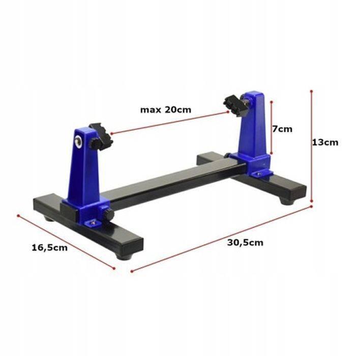 Universal PCB Stand Holder ZD-11E - a blue and black adjustable circuit board holder shown in a product dimension diagram with labels indicating its size.