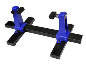 Universal PCB Stand Holder ZD-11E - a black and blue adjustable metal workbench stand with two upright supports, spring-loaded clamps, and knobs.