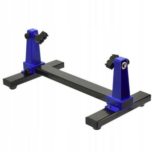 Universal PCB Stand Holder ZD-11E - a black metal base with two adjustable blue vertical supports featuring black tightening knobs and PCB clamps.