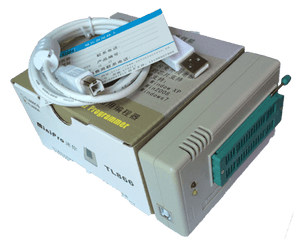 Universal Programmer TL866II Plus USB Programmer For 15000+IC SPI Flash Nand EEPROM MCU Pic Avr - shown with its beige casing, green ZIF socket, USB cable, and original packaging box.
