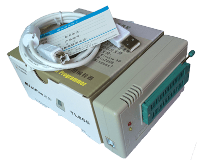 Universal Programmer TL866II Plus USB Programmer For 15000+IC SPI Flash Nand EEPROM MCU Pic Avr - shown with its beige casing, green ZIF socket, USB cable, and original packaging box.
