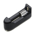 Universal Single Cell 3.7V Lithium-ion Battery Charger 18650 Charger - a black plastic battery charger with a spring-loaded sliding contact terminal.