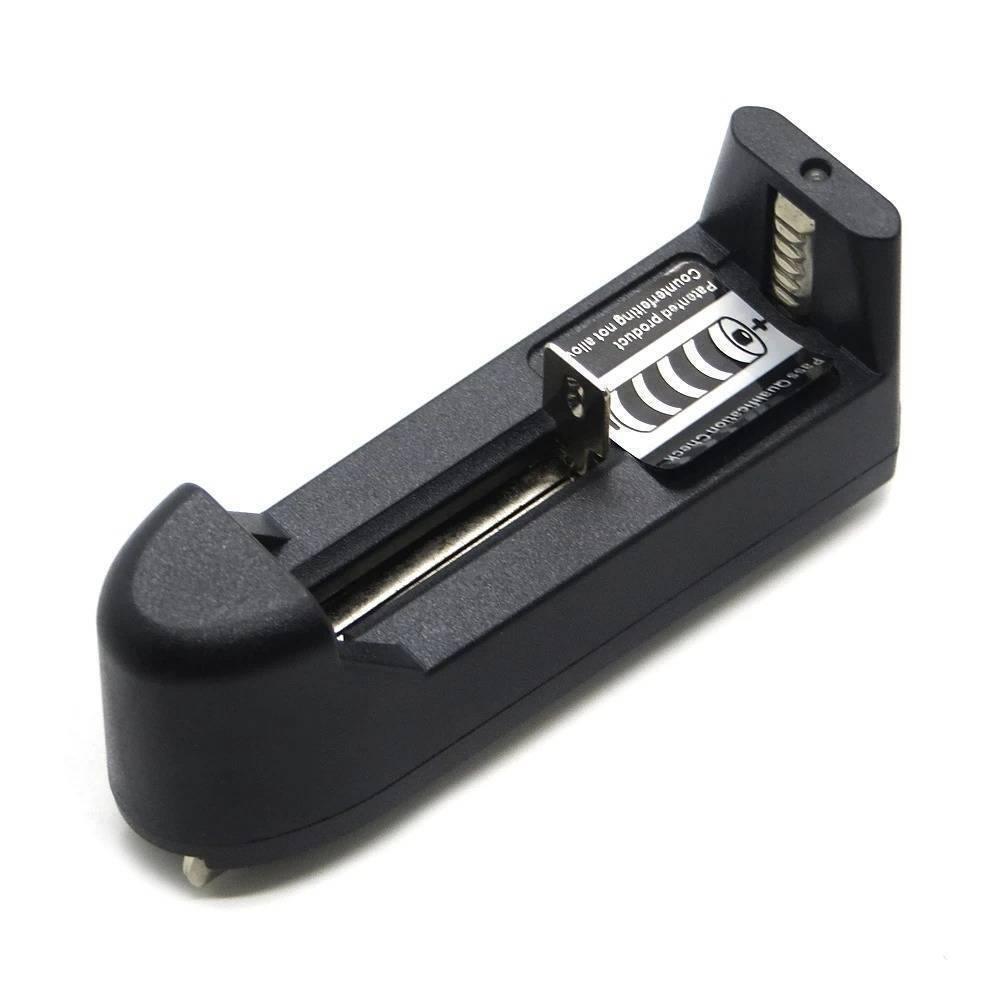 Universal Single Cell 3.7V Lithium-ion Battery Charger 18650 Charger - a black plastic battery charger with a spring-loaded sliding contact terminal.
