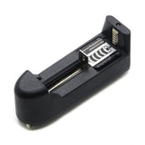 Universal Single Cell 3.7V Lithium-ion Battery Charger 18650 Charger - a black plastic battery charger with a spring-loaded sliding contact terminal.