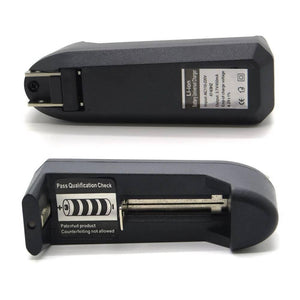 Universal Single Cell 3.7V Lithium-ion Battery Charger 18650 Charger - shown from two angles, featuring a black plastic body with a folding wall plug.