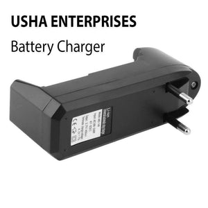 Universal Single Cell 3.7V Lithium-ion Battery Charger 18650 Charger - a black, wall-plug style device with a single battery slot and a printed label.
