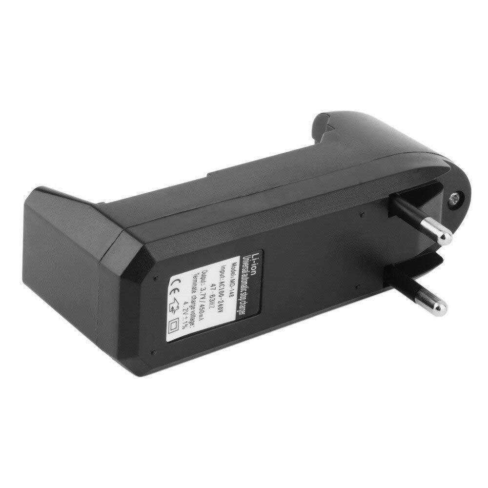 Universal Single Cell 3.7V Lithium-ion Battery Charger 18650 Charger - a black wall-plug charger with a battery slot and a label showing technical specs.