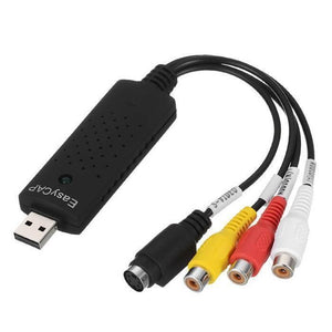 USB 2.0 Easycap 4 Channel Dvr Cctv Camera Audio Video - a black USB capture card with an S-Video port and yellow, red, and white RCA connectors.