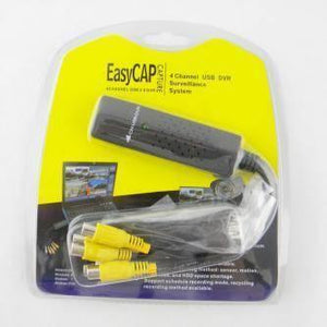 USB 2.0 Easycap 4 Channel Dvr Cctv Camera Audio Video - a black USB capture device with a cable and three yellow RCA connectors.