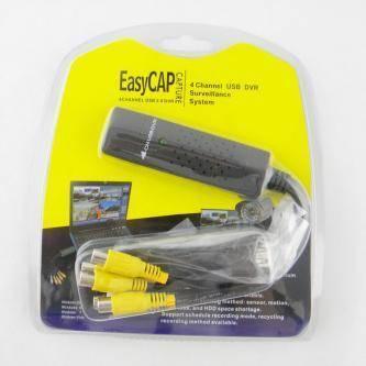 USB 2.0 Easycap 4 Channel Dvr Cctv Camera Audio Video - a black USB capture device with a cable and three yellow RCA connectors.