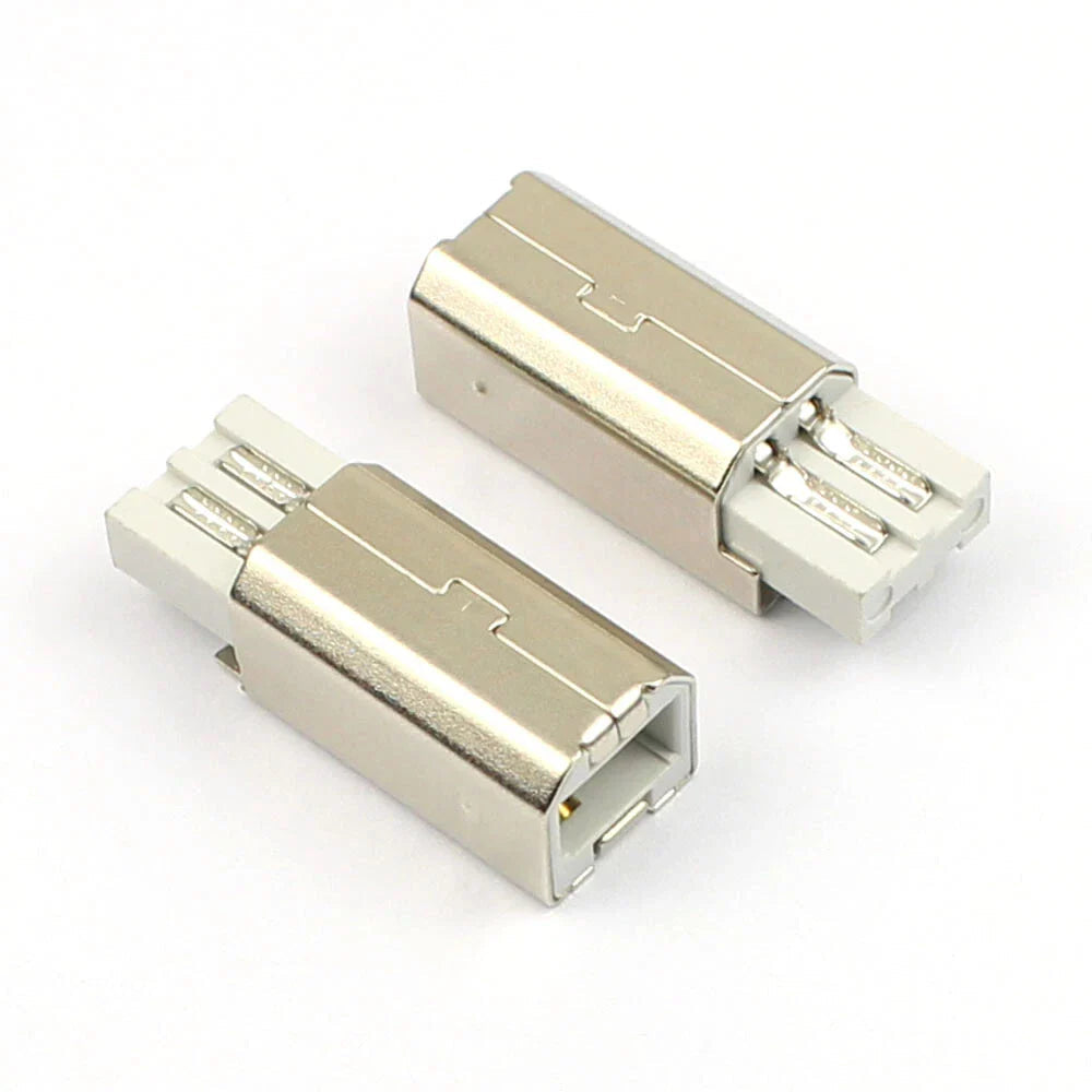 USB 2.0 Type B 4 Pin Male Solder Plug Connector Socket For Printer Port - two silver-coloured metal connectors with white plastic bases and exposed solder pins.