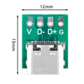 USB 3.1 Type C Connector - shown as a green circuit board with a USB-C port, four labeled solder pads, and 12mm by 15mm dimension markings.
