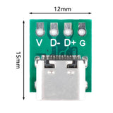 USB 3.1 Type C Connector - shown as a green circuit board with a USB-C port, four labeled solder pads, and 12mm by 15mm dimension markings.
