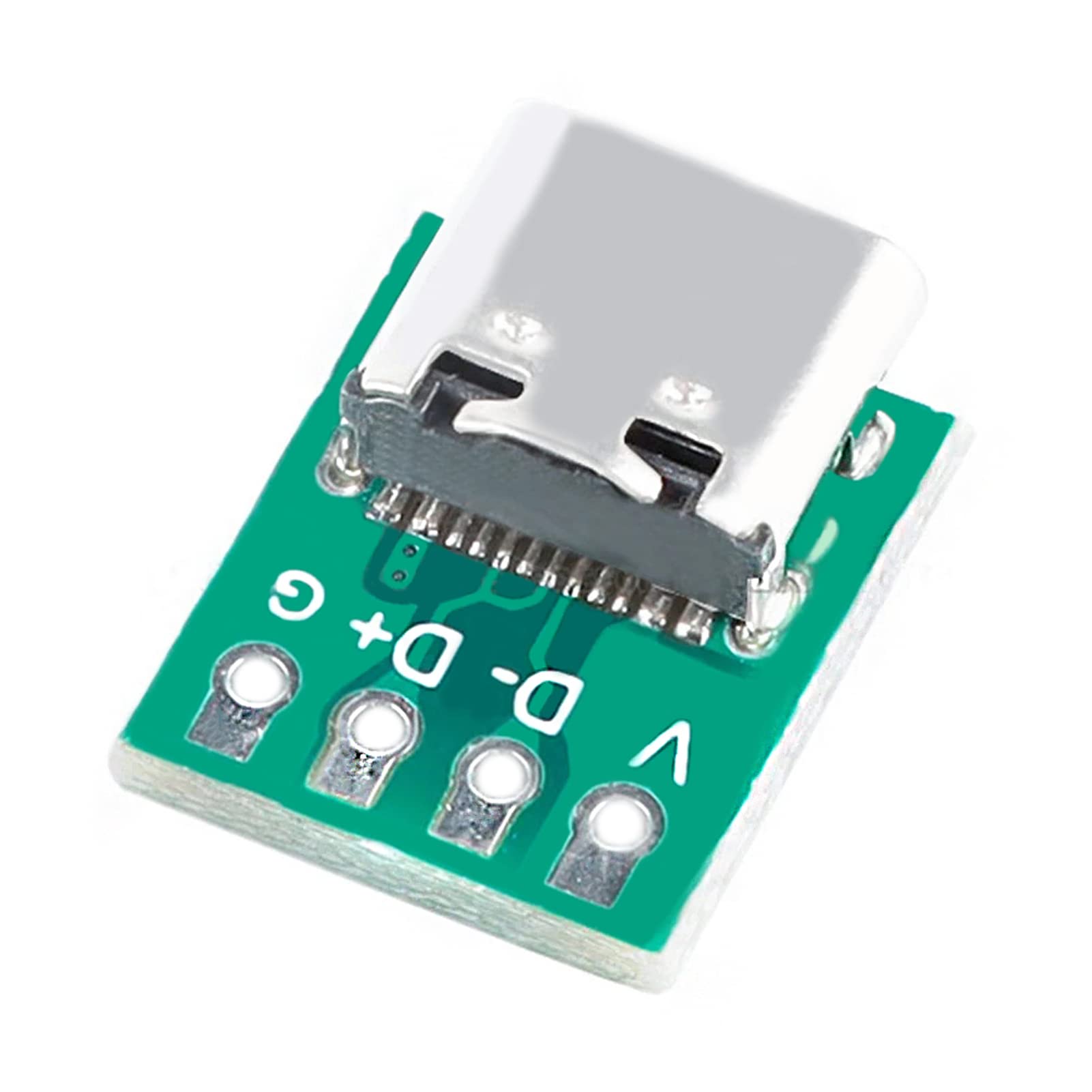 USB 3.1 Type C Connector - a close-up of a green circuit board with a silver USB-C port and four labeled solder pads marked V, D-, D+, and G.