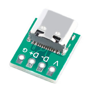 USB 3.1 Type C Connector - a close-up of a green circuit board with a silver USB-C port and four labeled solder pads marked V, D-, D+, and G.