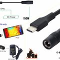USB 3.1 Type C Male to DC 5.5mm x 2.1mm Female Power Jack Extension Charge Cable 15cm - a black 15cm adapter, a diagram of the DC connector, and a phone charging illustration.