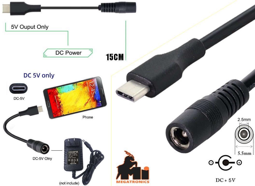USB 3.1 Type C Male to DC 5.5mm x 2.1mm Female Power Jack Extension Charge Cable 15cm - a black 15cm adapter, a diagram of the DC connector, and a phone charging illustration.
