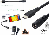 USB 3.1 Type C Male to DC 5.5mm x 2.1mm Female Power Jack Extension Charge Cable 15cm - a black 15cm adapter, a diagram of the DC connector, and a phone charging illustration.