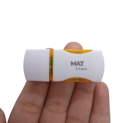 USB 5.0 MICRO SD CARD READER ( CLONE ) - shown in a hand, featuring a white rectangular body with yellow accents and the text "MAT 5.0 speed" printed on it.