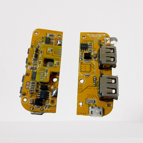 USB 5V 1A 2.1A Power Bank Module - shown as two yellow circuit boards featuring two USB-A ports, a micro-USB port, and an LED light.