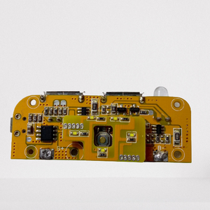 USB 5V 1A 2.1A Power Bank Module - a yellow circuit board with two USB ports, a push button, a LED light, and battery connection points.