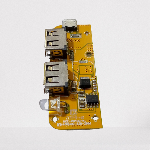 USB 5V 1A 2.1A Power Bank Module - a yellow circuit board with two USB-A ports, one micro-USB port, an LED indicator, and electronic components.