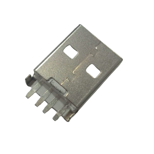 USB-A BOARD MOUNT CONNECTOR - MALE TH - close-up view of a silver-colored male USB-A connector with four metal pins for board mounting.