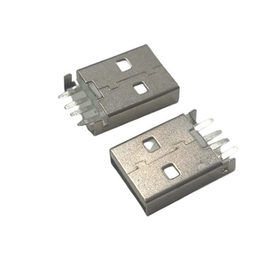 USB-A BOARD MOUNT CONNECTOR - MALE TH - two silver-coloured male USB-A connectors with four metal pins each, viewed from an angled perspective.