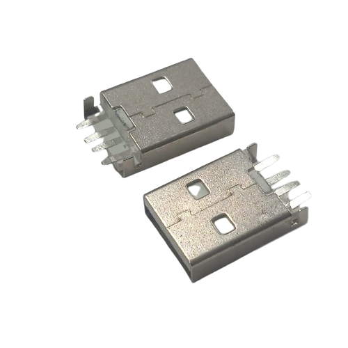 USB-A BOARD MOUNT CONNECTOR - MALE TH - two silver-coloured male USB-A connectors with four metal pins each, viewed from an angled perspective.