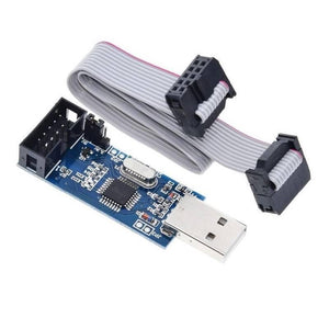 USB Asp Usbasp Microcontroller Programmer - a blue circuit board with a USB connector, a 10-pin header, and an attached grey ribbon cable.