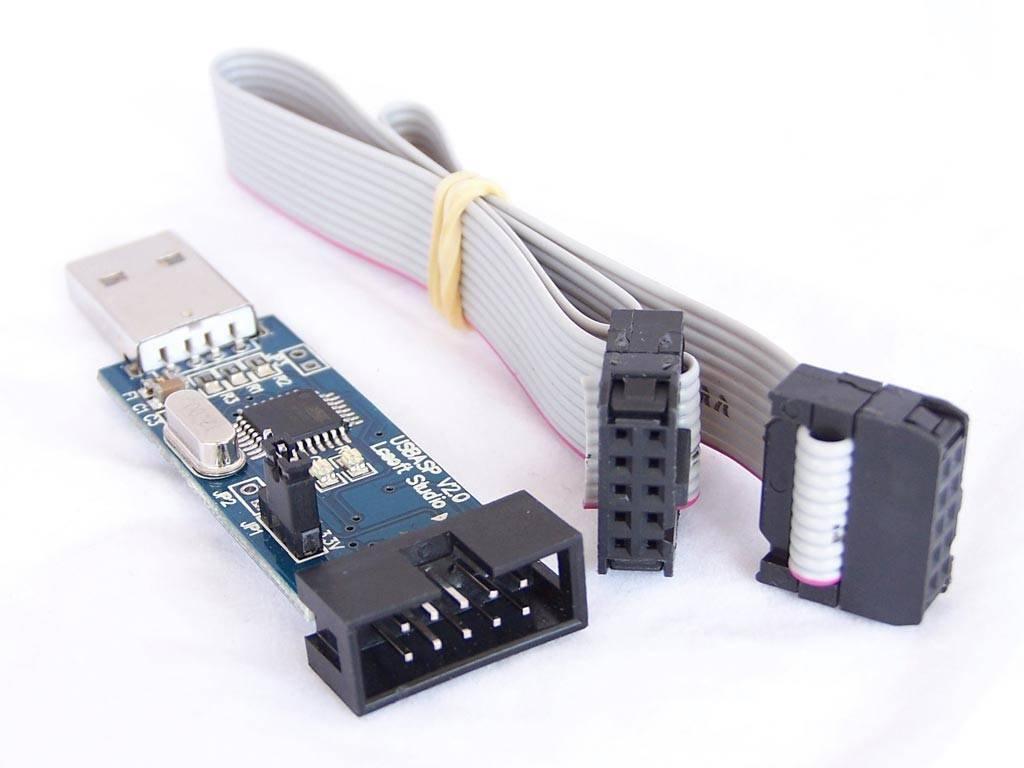 USB Asp Usbasp Microcontroller Programmer - a blue USB circuit board with a 10-pin header and a separate grey ribbon cable with two 10-pin connectors.