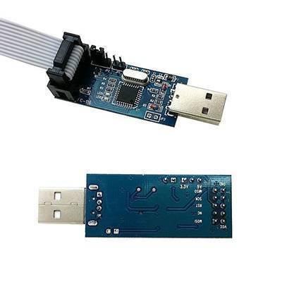 USB Asp Usbasp Microcontroller Programmer - a blue circuit board with a USB connector, a 10-pin header, and an attached grey ribbon cable.