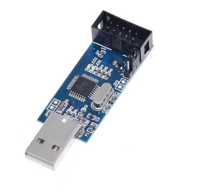 USB Asp Usbasp Microcontroller Programmer - a blue circuit board with a USB connector, a 10-pin header, a crystal oscillator, and LEDs.