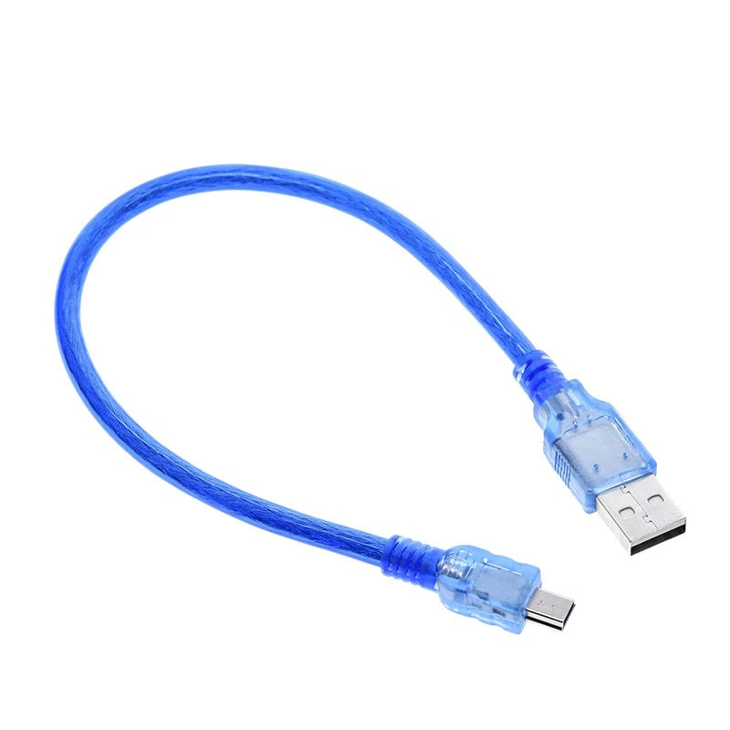 USB Cable For Arduino Nano USB Cable - a short blue USB cable with a standard USB-A connector on one end and a Mini-USB connector on the other.