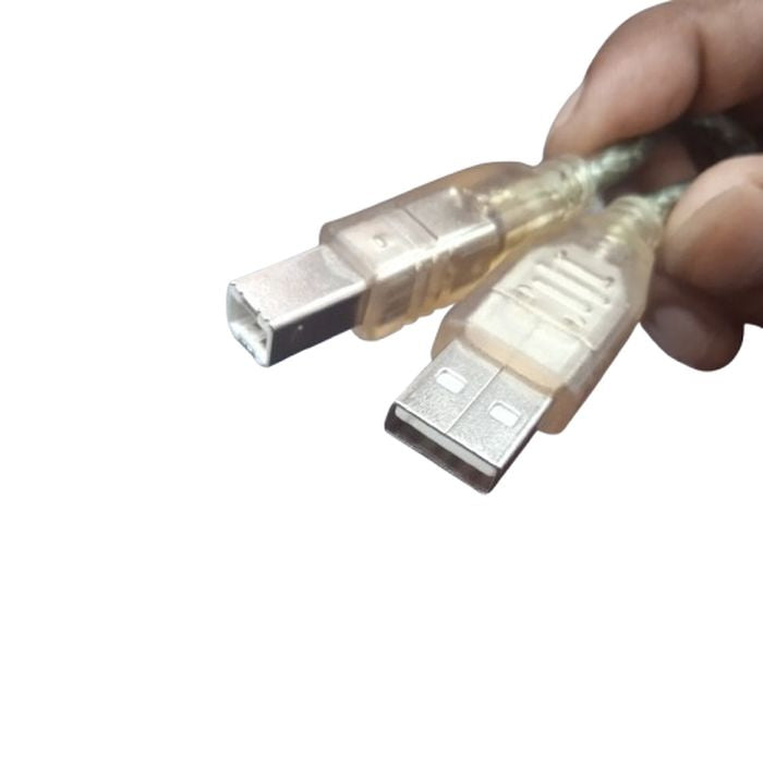 USB Cable For Arduino Uno Arduino - a close-up of a translucent USB Type-A to Type-B cable held by a hand.
