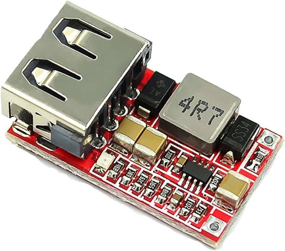 USB DC-DC Buck Converter CAR USB Charger Module 6-24V 12V 24V To 5V 3A Step Down Voltage Regulator Power Supply Module - a red circuit board with a silver USB-A port, a square inductor labeled 4R7, a diode, and various surface-mount components.
