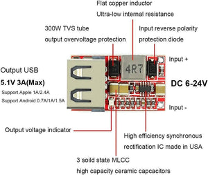 USB DC-DC Buck Converter CAR USB Charger Module 6-24V 12V 24V To 5V 3A Step Down Voltage Regulator Power Supply Module - a red circuit board with a USB port, a flat copper inductor, and various electronic components with labels.