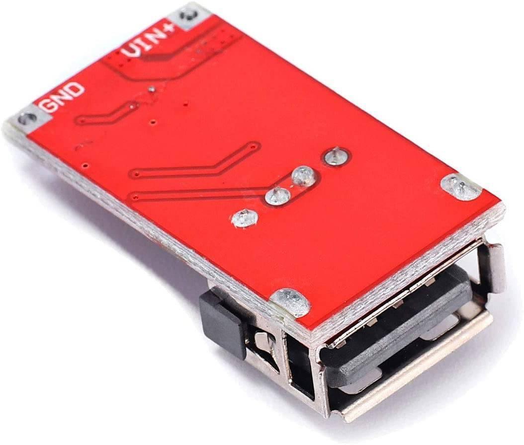 USB DC-DC Buck Converter CAR USB Charger Module 6-24V 12V 24V To 5V 3A Step Down Voltage Regulator Power Supply Module - a red rectangular circuit board with GND and VIN+ input pads and a single USB-A output port.