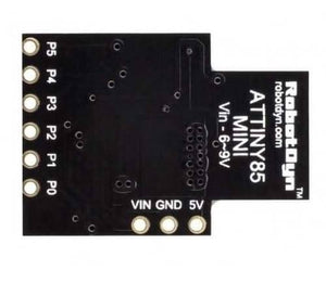 USB Digispark ATTINY85 Developing Board - shown from the bottom, featuring a black PCB with labeled P0-P5 pins and VIN, GND, and 5V connection points.