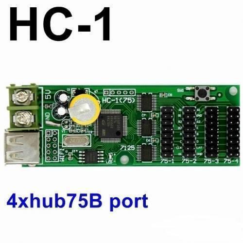 USB Full Color LED Display Controller Hc-1 - with a USB port, screw terminals, a button, and four hub75b ports.